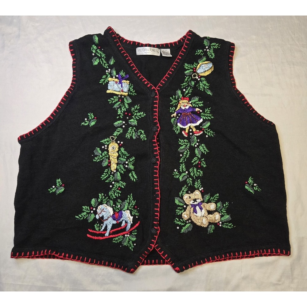 Vintage Christmas Sweater Vest Womens 2X Black Cardigan Beaded Embroidered Toys*
